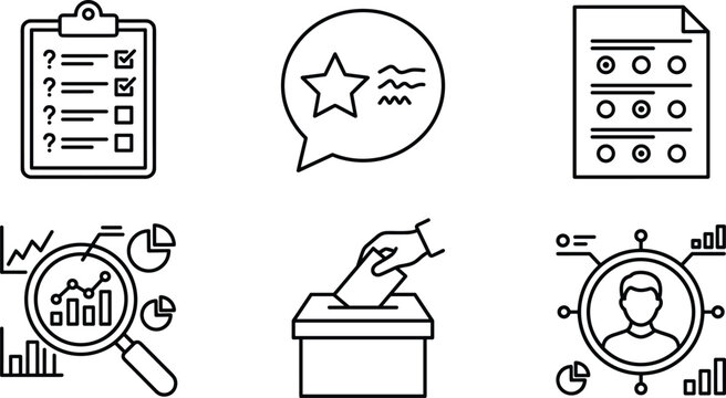 Election public poll and customer survey line icon set with ballot box clipboard data analytics user profile rating stars vector illustration