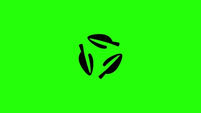 Beautiful 4K horizontal motion clip of three organic green leaves spinning in a recycling triangular rotation vector bouncing. Lively popup asset ideal for bio degradable compost garbage waste sort me