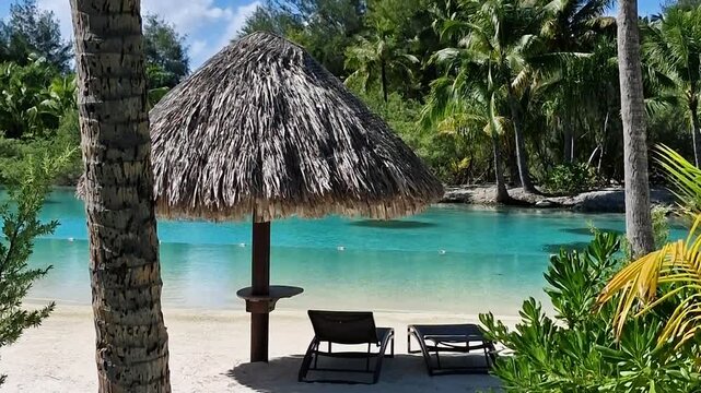 Bora Bora Island, French Polynesia. Luxury Resort Lagoon, Sunshade and Sunbeds in Tropical Lush