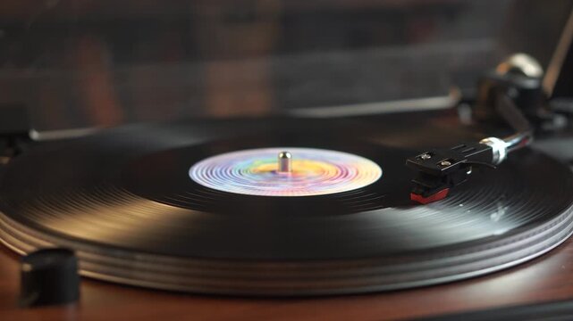 Spinning Long Play Vinyl Record on Turntable in Room Ambience