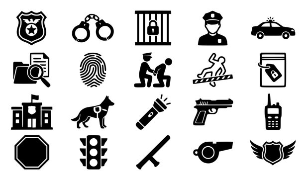 A modern solid icon set representing police, law enforcement, and crime scene investigation concepts. Including police star shield badge, metal handcuffs, prison bars with padlock, police officer avat