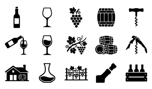 A modern solid icon set representing wine production, winery, and vineyard concepts. Including wine bottle with label, empty wine glass, bunch of grapes, large wooden barrel, classic T-shape corkscrew