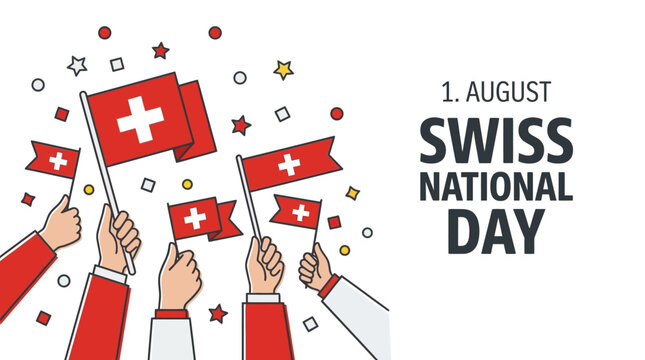 Hands waving Swiss flags on National Day celebration
