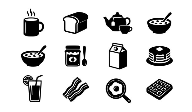 A modern solid icon set representing breakfast food and morning beverage concepts. Including hot coffee mug, loaf of bread, teapot with tea cup, cereal oatmeal bowl with spoon, fruit jam jar, milk car