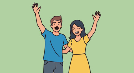 Happy couple waving in a cheerful setting outdoors © Jackpotadb