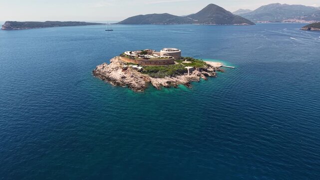 Drone Shot of Mamula Island, Montenegro, Former Fortress in Adriatic Sea