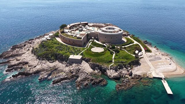 Mamula Island, Montenegro. Drone Shot of Former Fortress in Adriatic Sea