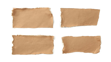 Fototapeta premium pieces of torn brown paper, each with irregular edges and a rough texture. The paper pieces vary in shape and size, with two being more rectangular and the other two having triangular and irregular 