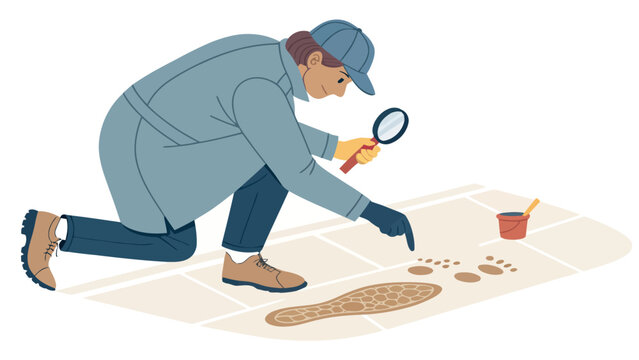 Investigator examining footprint evidence at crime scene with investigator detective evidence footprint magnifying forensic criminology investigation professional analysis tracking