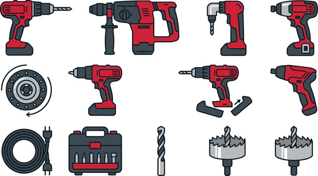 Red and Gray Electric Power Drill Tool Set with Hammer Drill Bits Toolbox and Accessories Vector Icon Collection