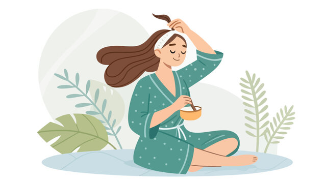Woman applying hair mask treatment during home beauty routine with treatment skincare wellness lifestyle selfcare bathrobe cosmetics pampering