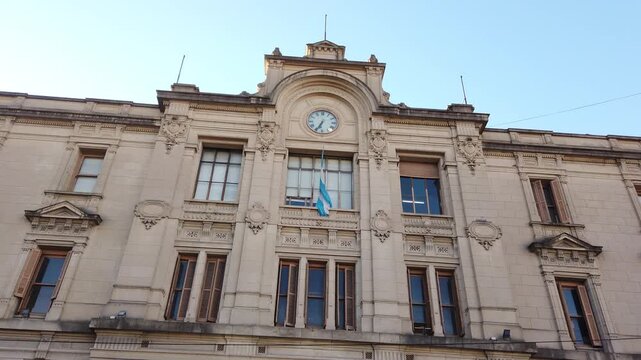 Once Railway Station Palace Facade Panning Establishing Shot of Historic Government Architecture in Buenos Aires Argentina