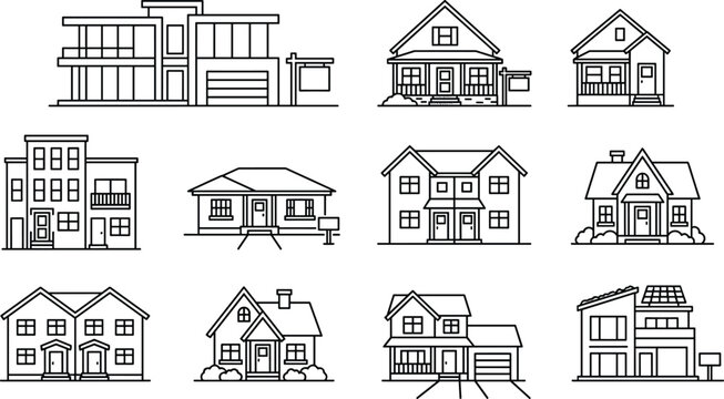 Real estate house architecture line icon set with modern villa suburban cottage duplex apartment and residential buildings vector illustration