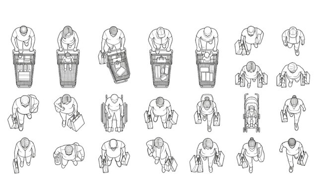 Top View Shopping People Vector Set with Retail Customers Carrying Bags and Commercial Entourage Figures