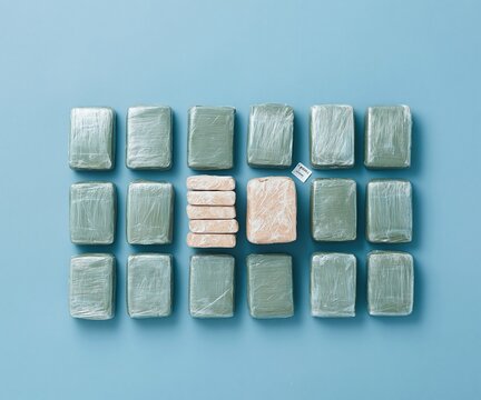 Green and beige wrapped packages arranged in a grid on a blue surface for narcotics interdiction evidence, drug smuggling investigation and crime scene documentation