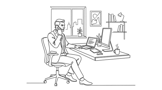 Minimalist single line drawing of businessman on phone in office with cityscape view