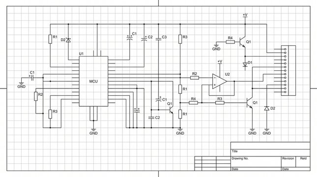 Detailed electronic circuit schematic diagram with mcu and components on grid paper