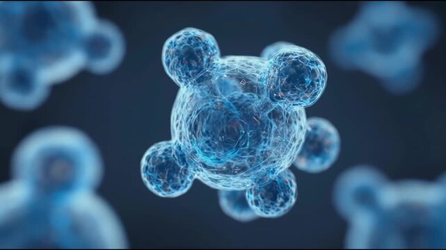 clean, scientific 3D render of transparent blue molecules in a tetrahedral arrangement, symbolizing chemistry, biotechnology, and medical innovation with a dark, futuristic aesthetic