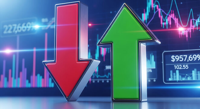 Red down arrow and green up arrow with financial charts background 1
