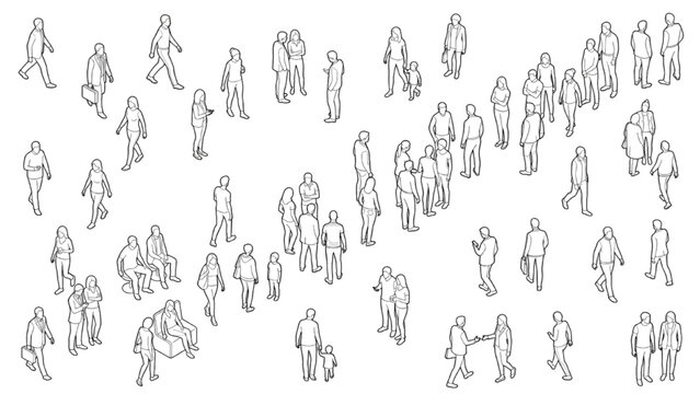 Architectural People Outline Vector Set Featuring Diverse Standing and Walking Crowd Scale Figures