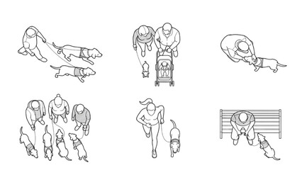 Fototapeta premium Overhead Isometric People with Dogs and Stroller Vector Pack Featuring Outline scale Figures