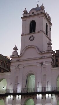Cabildo Historic Town Hall Vertical Pan with Clock Tower and Colonial Architecture in Buenos Aires Argentina