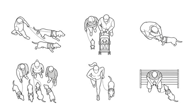 Overhead Isometric People with Dogs and Stroller Vector Pack Featuring Outline scale Figures