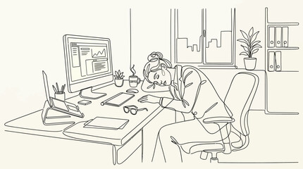 Fototapeta premium Tired businesswoman sleeping at desk, line art illustration