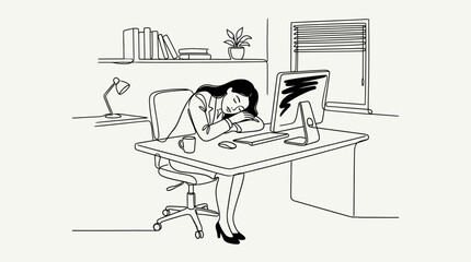 Fototapeta premium Tired businesswoman sleeping at office desk with computer - hand-drawn sketch