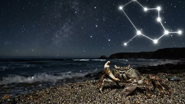 Night crab on beach milky way cancer constellation