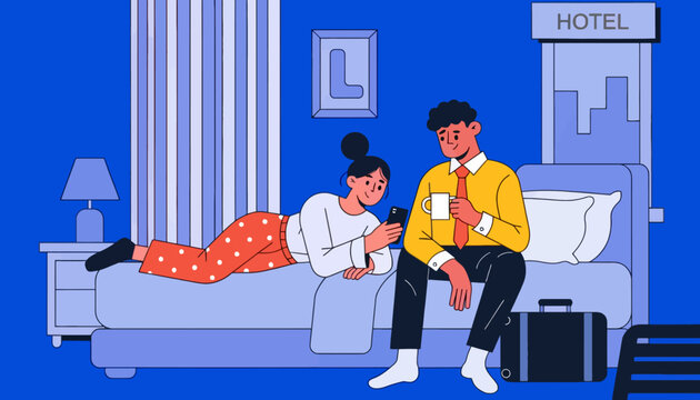 Couple in hotel room with luggage while woman uses smartphone and man drinks coffee during vacation travel vacation smartphone technology lifestyle interior connection destination hotelroom