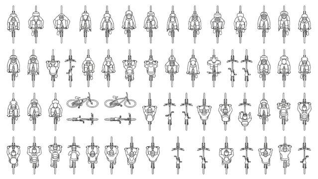 Cyclist Front View Outline Vector Collection with Overhead Plan Poses for Technical Diagrams