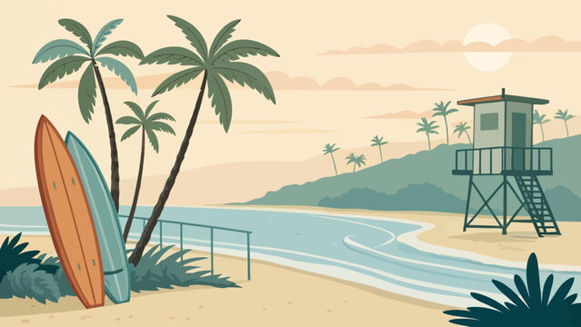 Scenic tropical beach landscape with surfboards and lifeguard tower tropical surfboard landscape lifeguard vacation seascape coastline paradise sunshine adventure relaxation destination