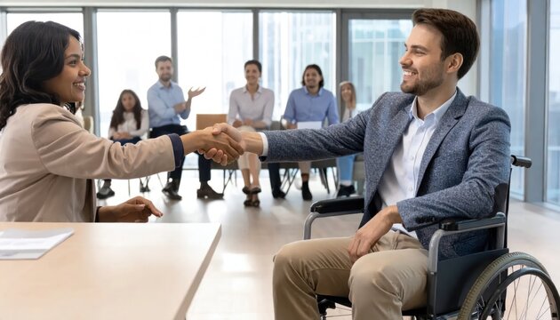 Diverse job candidates in a modern office setting, one in a wheelchair shaking hands.