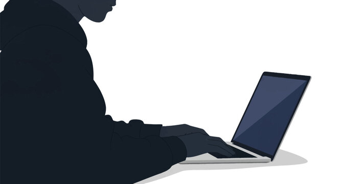 Silhouette of an anonymous person wearing a dark hoodie sitting and typing on a laptop computer, side view vector illustration isolated on a white background for cybersecurity.