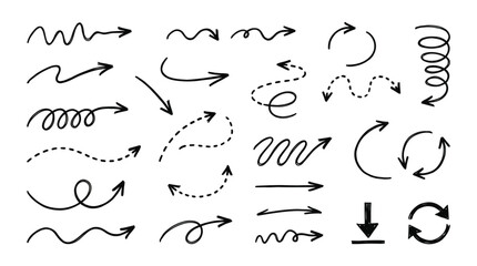 Obraz premium A diverse collection of hand drawn black ink arrows isolated on a clean white background