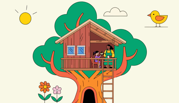 Mother and child in a treehouse interior having a tea party in a tree with tea time treehouse backyard childhood adventure recreation activity playhouse imagination climbing vacation