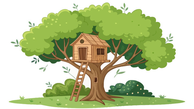 Illustration of a wooden treehouse with a ladder built into a large tree on a grassy hill treehouse childhood adventure illustration building structure backyard landscape environment