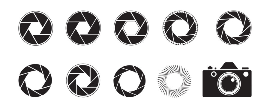 Set of nine camera aperture shutter blade icons and one camera silhouette on transparent background.