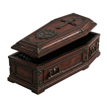 Dark wood vampire coffin slightly open isolated. Halloween celebration.