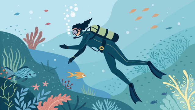 Scuba diver exploring coral reef ecosystem with various fish swimming underwater adventure exploration swimming undersea equipment activity wildlife tropical vacation lifestyle