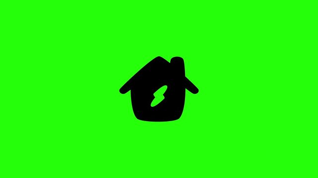 Premium 4K horizontal video showcasing a smart residential house outline with an internal lightning power trigger bouncing. Clean energetic popup animation perfect for property solar grid control auto