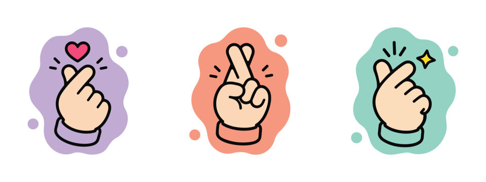 finger heart crossed snap hand gesture icon collection colorful symbols doodle style