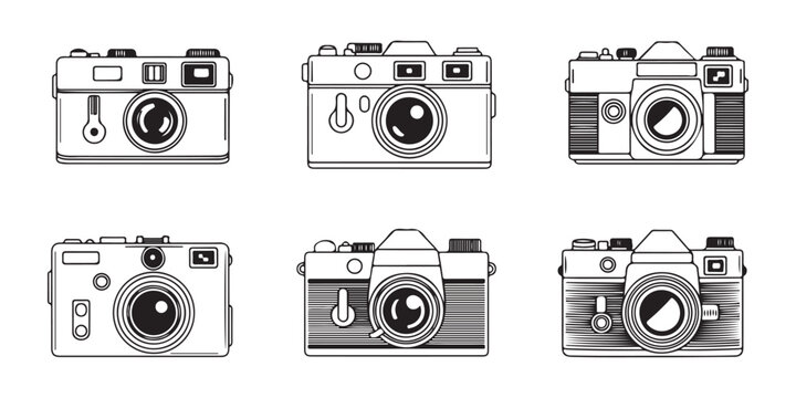 Retro film camera line art collection featuring vintage rangefinder and slr photographic equipment.