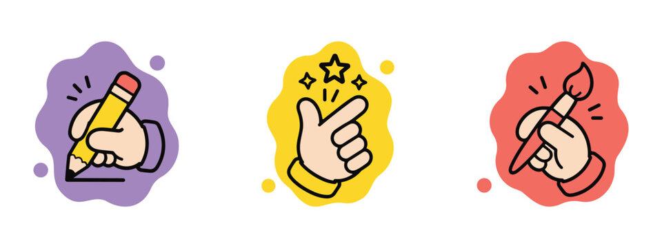 hand gesture icon set pencil magic and paintbrush colorful vector illustration