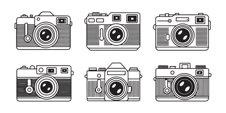 Vintage analog cameras set in woodcut style for classic photography enthusiasts and retro designers.