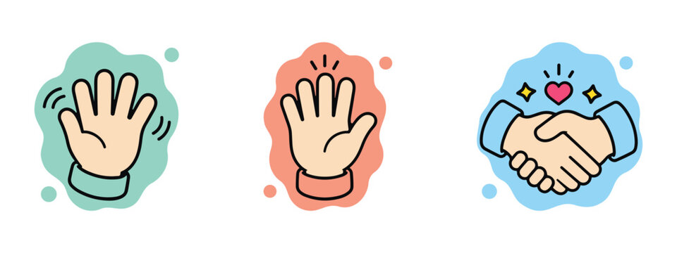 hand gesture icon collection waving high five handshake colorful symbol doodle style