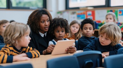 Fototapeta premium Group of young students with teacher using a digital tablet for early childhood education, classroom learning and digital literacy training in a modern school setting