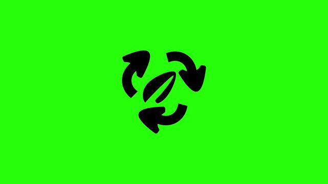 Beautiful 4K horizontal motion graphic of a central green leaf encircled by a three arrow loop recycle track bouncing. Lively popup asset ideal for household waste management organic segregation scree