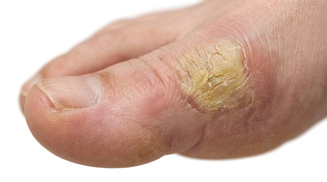 Verruca plantaris on human big toe, painful common wart infection on foot skin, medical close-up of viral papilloma growth Dermatological condition showing thickened yellow skin texture and